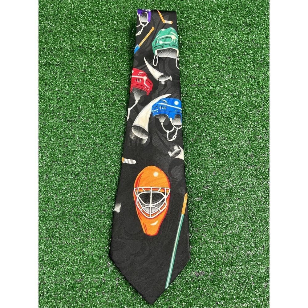 Vtg Fratello Men's Hand Made Necktie Hockey Mask‎ Stick Black/Multicolored